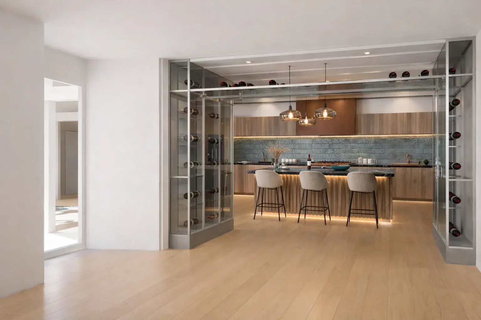 Cave à vin vitrée en arche — maison Aveyron 160m² — élément de transition entre l’ancien et l’extension — Teresa Lombardo architecte DPLG