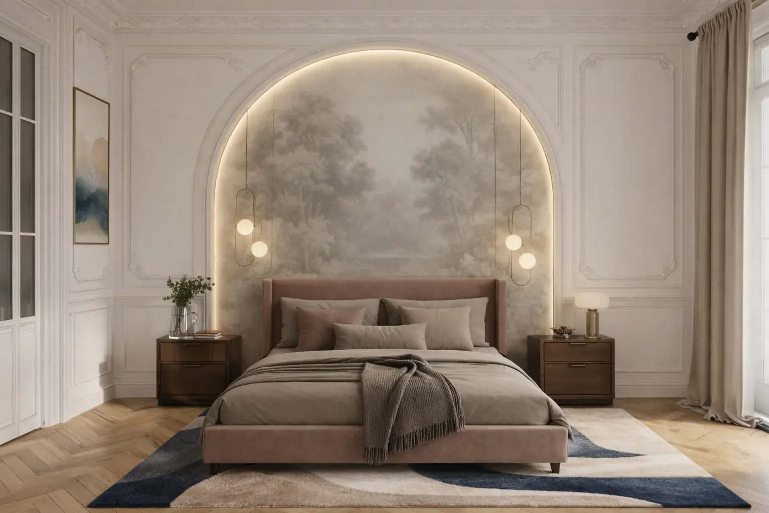 Chambre principale haussmannien 80m² Paris — dressing intégré sur mesure, parquet continu — Teresa Lombardo architecte DPLG