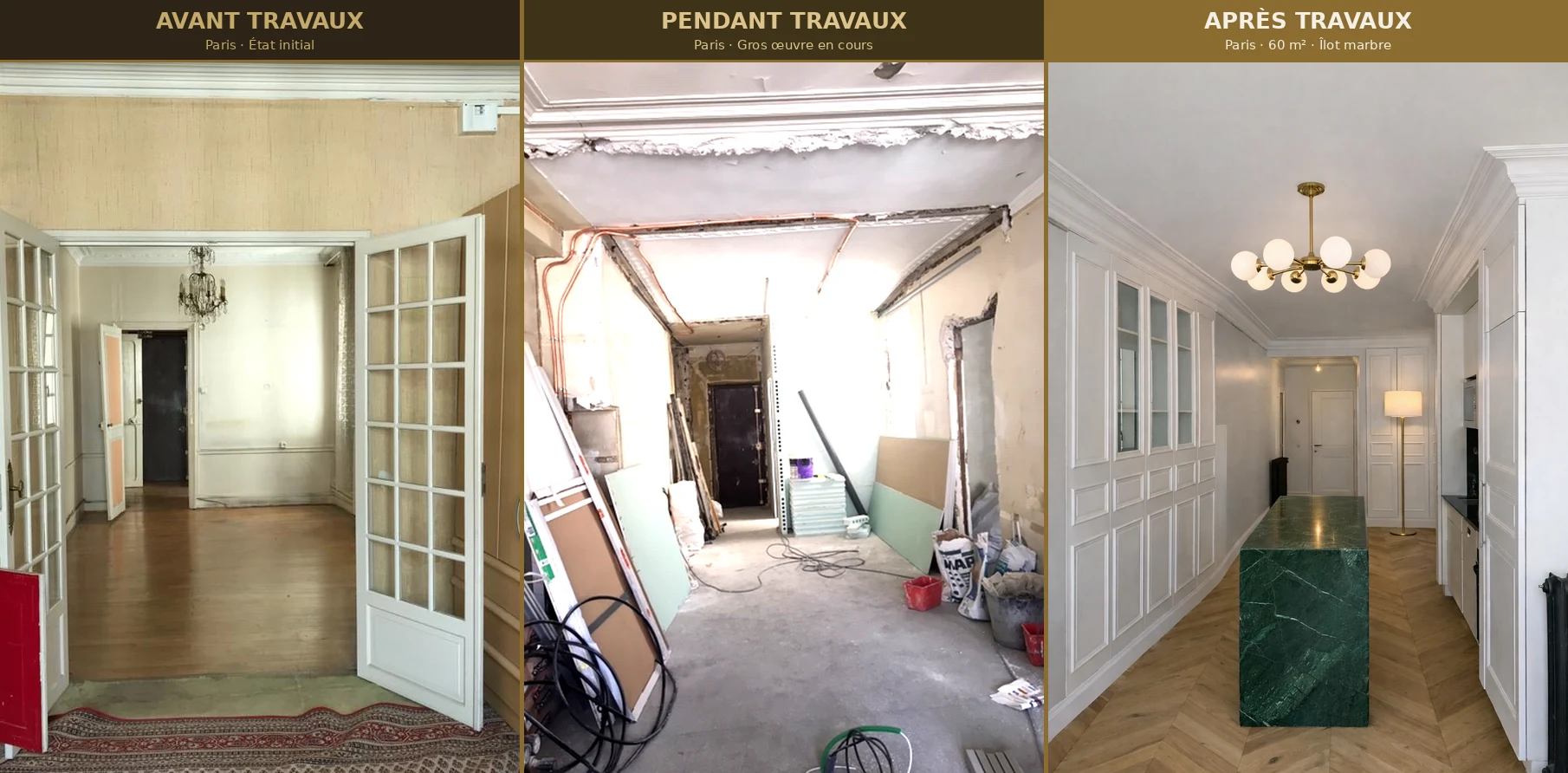 Rénovation appartement haussmannien Paris — avant pendant après : parquet point de Hongrie, îlot marbre vert — Teresa Lombardo architecte DPLG