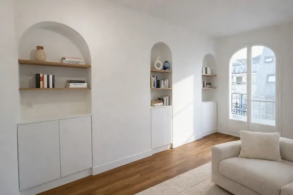 Rénovation appartement 70m² à Saint-Mandé — salon avec rangements sur mesure intégrés — Teresa Lombardo architecte DPLG