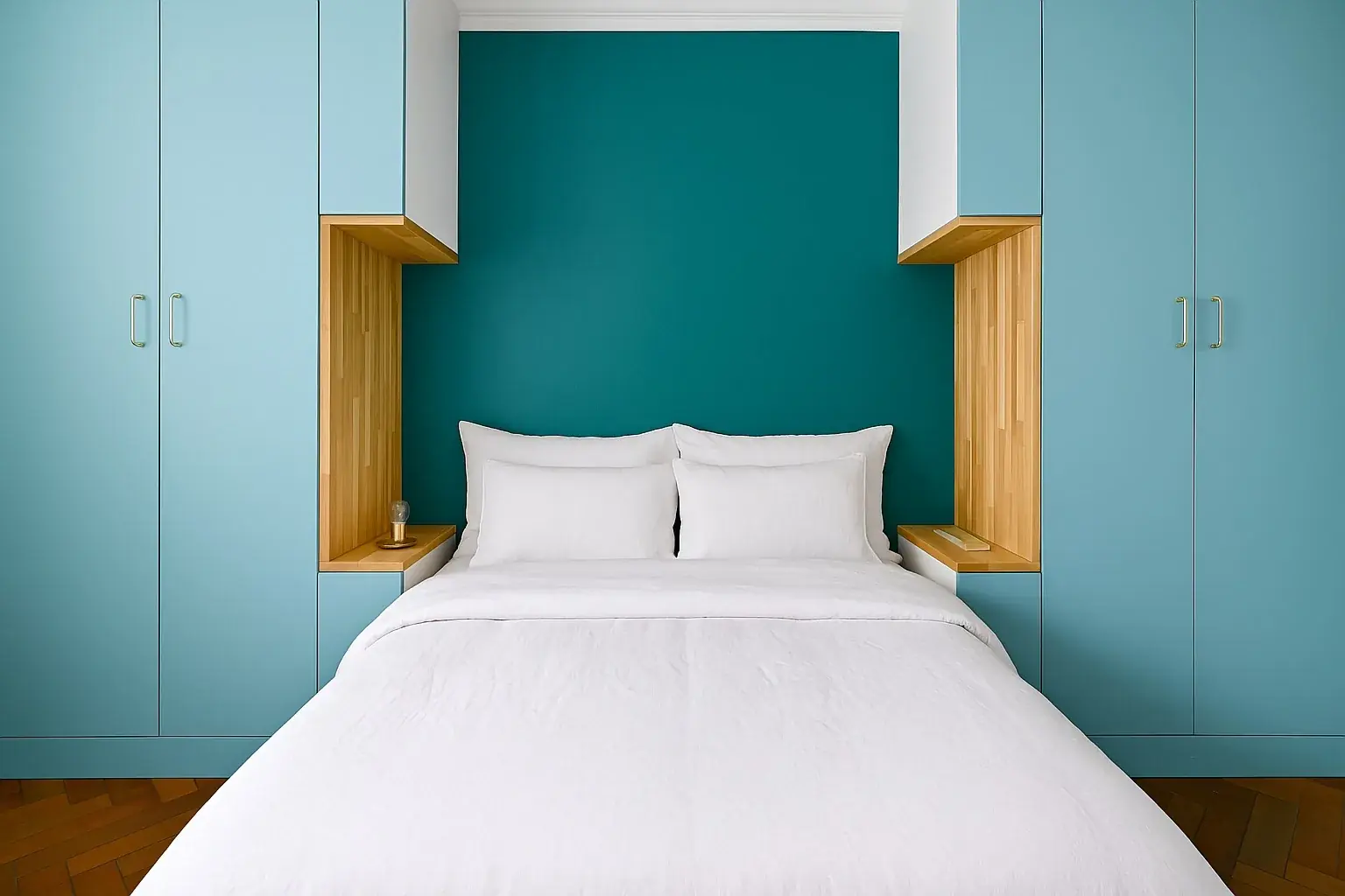 Chambre 70m² Saint-Mandé — composition intégrée sur mesure, lit dans la niche, rangements toute hauteur, vert profond — Teresa Lombardo architecte DPLG