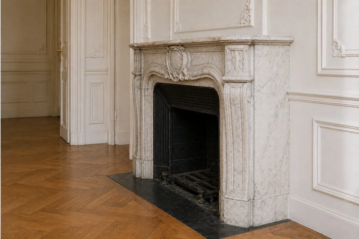 Cheminée Louis XV en marbre Blanc de Carrare dans un appartement haussmannien Napoléon III — vue 3/4 avec pathologies d'encrassement et patine d'origine