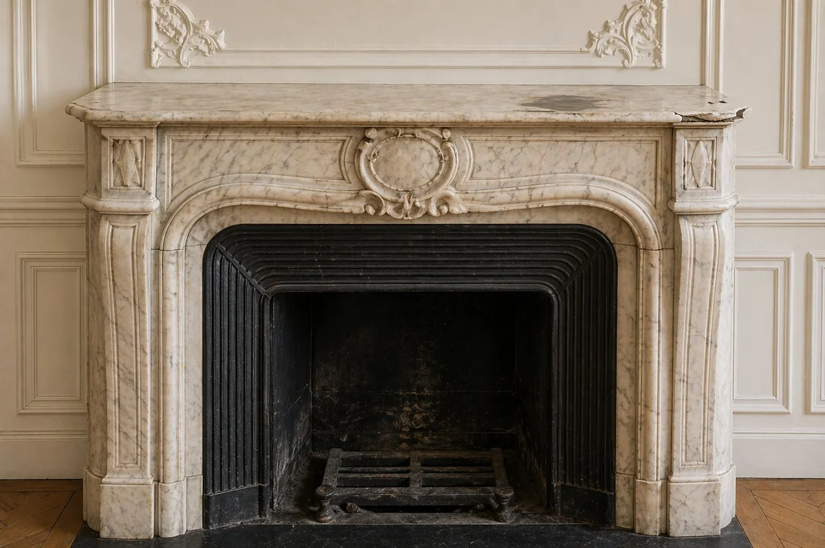 Détail du fronton à coquille rocaille d'une cheminée Louis XV en marbre Blanc de Carrare — travail de tailleur de pierre haussmannien d'époque