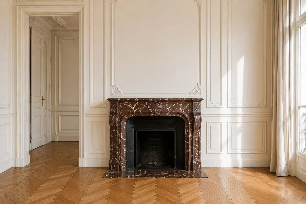 Cheminée Napoléon III en marbre Rouge Royal d'origine dans un salon haussmannien parisien avec parquet point de Hongrie et moulures en staff