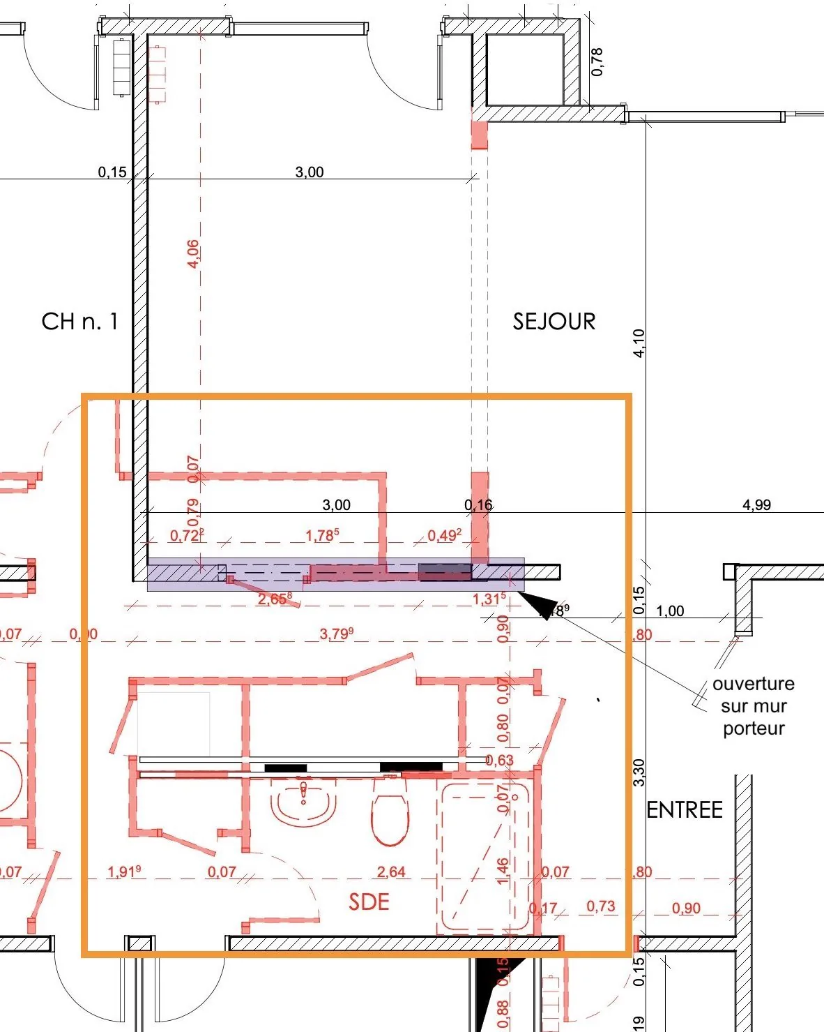 Plan architecte ouverture mur porteur — zone cuisine marquée en vert — Teresa Lombardo DPLG
