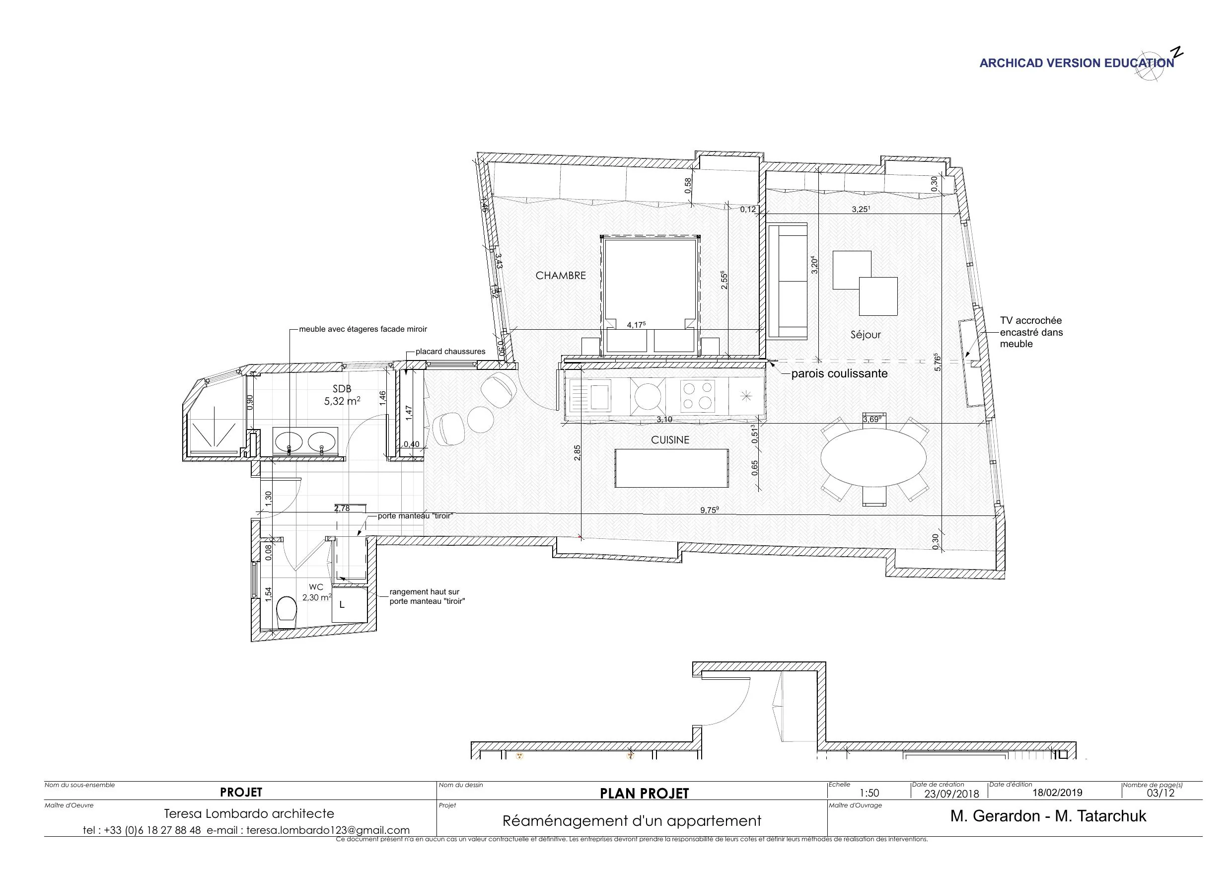 Plan projet appartement haussmannien Paris — Teresa Lombardo architecte DPLG